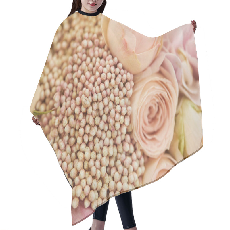 Personality  Close Up Of Bouquet Of Beige Roses And Peonies  Hair Cutting Cape