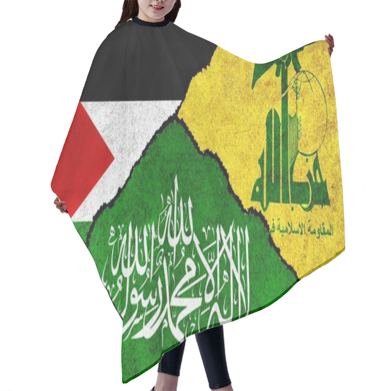 Personality  Palestine, Hamas And Hezbollah Flag Together On A Textured Background. Relations Between Hezbollah, Hamas And Palestine Concept Hair Cutting Cape