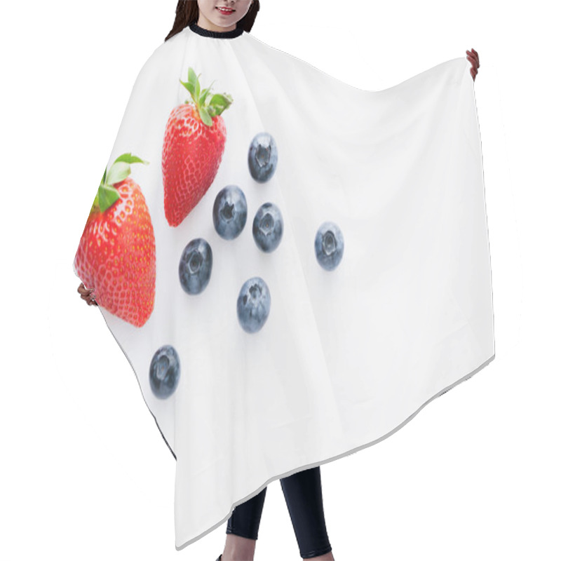 Personality  Top View Of Fresh Blueberries And Strawberries On White Background Hair Cutting Cape