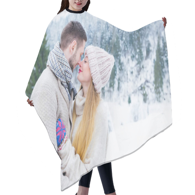 Personality  Guy And Girl Hug And Look At Each Other. Charming Winter In The  Hair Cutting Cape