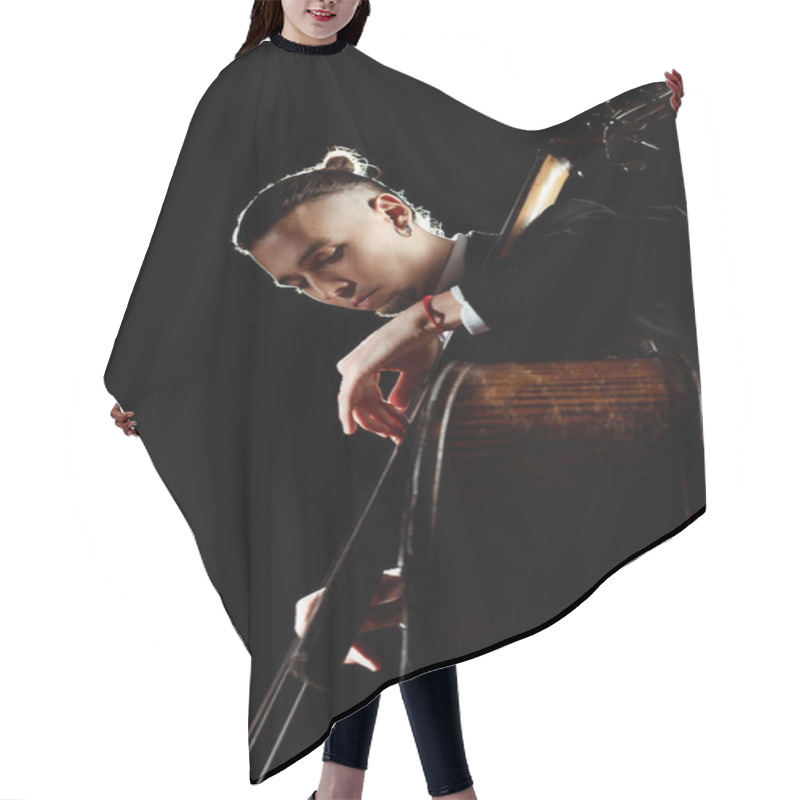 Personality  Male Professional Musician Playing On Double Bass Isolated On Black Hair Cutting Cape