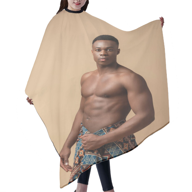 Personality  Sexy Naked Tribal Afro Man Covered In Blanket Posing Isolated On Beige Hair Cutting Cape