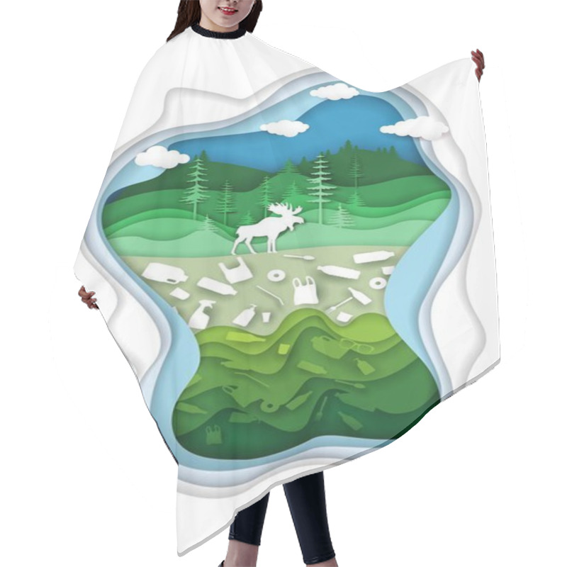 Personality  Environment Pollution, Vector Illustration Paper Cut Style. Save Green Forest From Plastic Trash, Stop Nature Pollution. Hair Cutting Cape