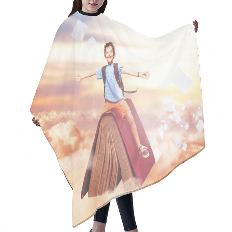 Personality  Happy Little Boy Fly On The Book Learning Knowledge Concept Mixed Media Image Hair Cutting Cape