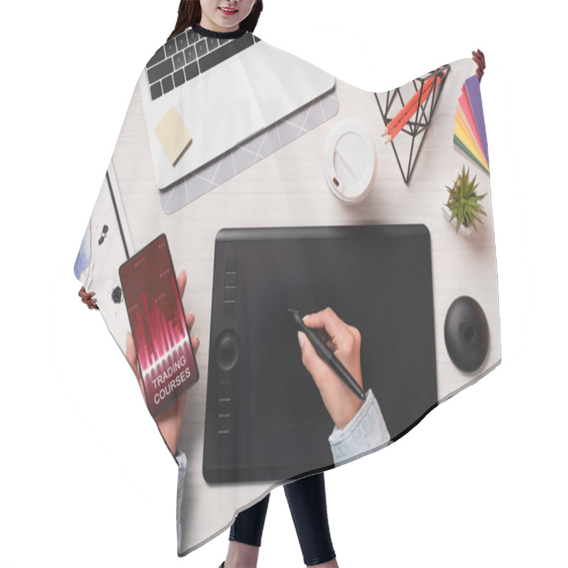 Personality  Cropped View Of Designer Using Graphics Tablet, Pen And Smartphone With Marketing App On Screen, Flat Lay Hair Cutting Cape