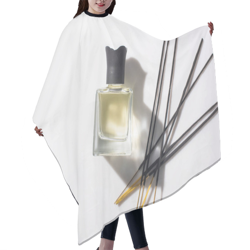 Personality  Top View Of Aroma Sticks Near Perfume In Bottle On White Background Hair Cutting Cape