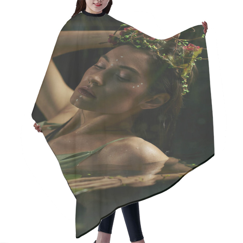 Personality  A Woman With A Floral Crown Poses In A Swamp, Surrounded By Greenery And Water. Hair Cutting Cape