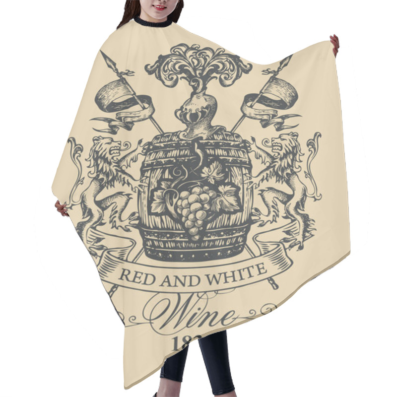 Personality  A Hand-drawn Vector Banner For Red And White Wine With A Wooden Barrel, Lions, Spears, Knights Helmet And Bunch Of Grapes. Ornate Wine Label In Form Of Antique Coat Of Arms On A Vintage Beige Backdrop Hair Cutting Cape