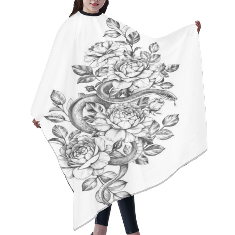 Personality  Hand Drawn Monochrome Snake Among  Roses  Hair Cutting Cape