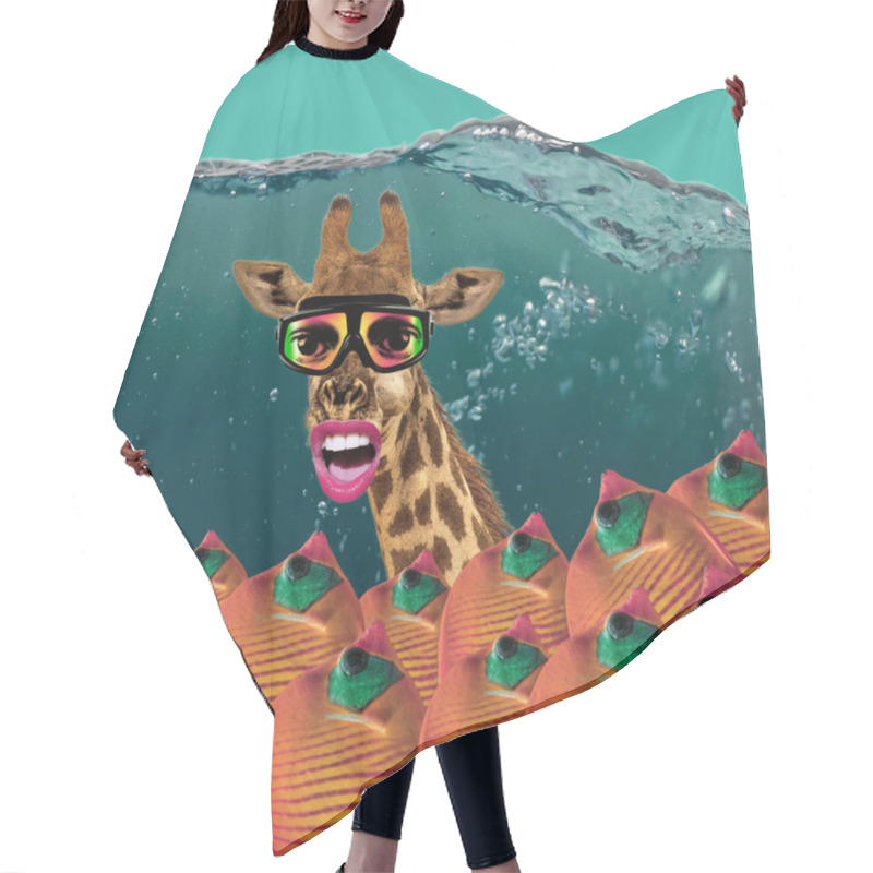 Personality  Contemporary Art Collage. Concept Giraffe With Diving Mask In Deep Sea. Group Of Fishes. Hair Cutting Cape