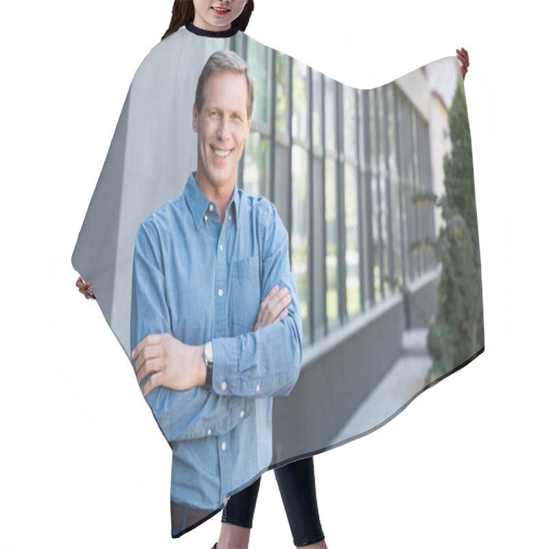 Personality  Smiling Businessman Posing With Crossed Arms Near Office Building  Hair Cutting Cape