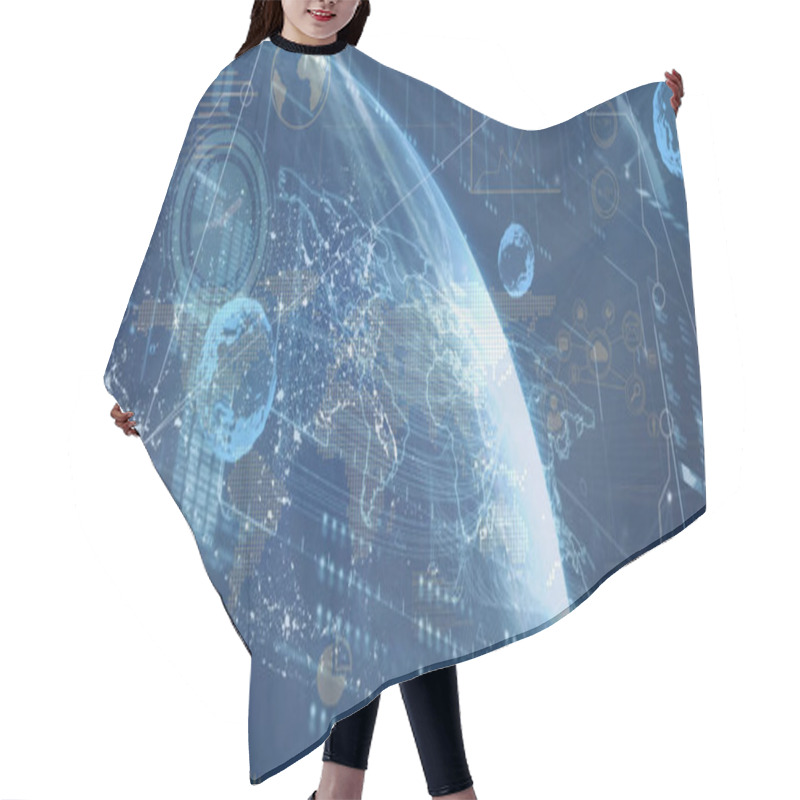 Personality  Image Of Data Processing Over Globe And Moving Clock On Black Background. Global Technology, Online Security And Digital Interface Concept Digitally Generated Image. Hair Cutting Cape