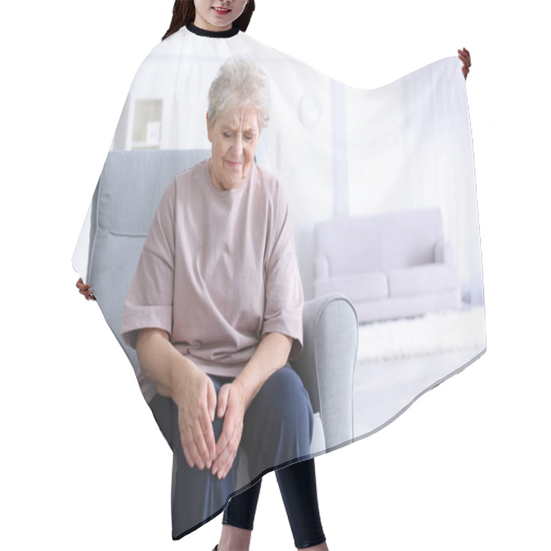 Personality  Elderly Woman Suffering From Pain In Knee At Home Hair Cutting Cape