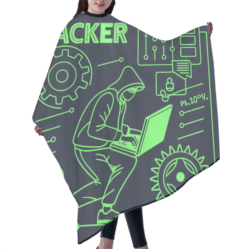 Personality  A Bold Vector Featuring Hacker Motifs In Neon Green Against Dark Backgrounds, Symbolizing Cybersecurity, Hacking Culture, And Technology. Hair Cutting Cape