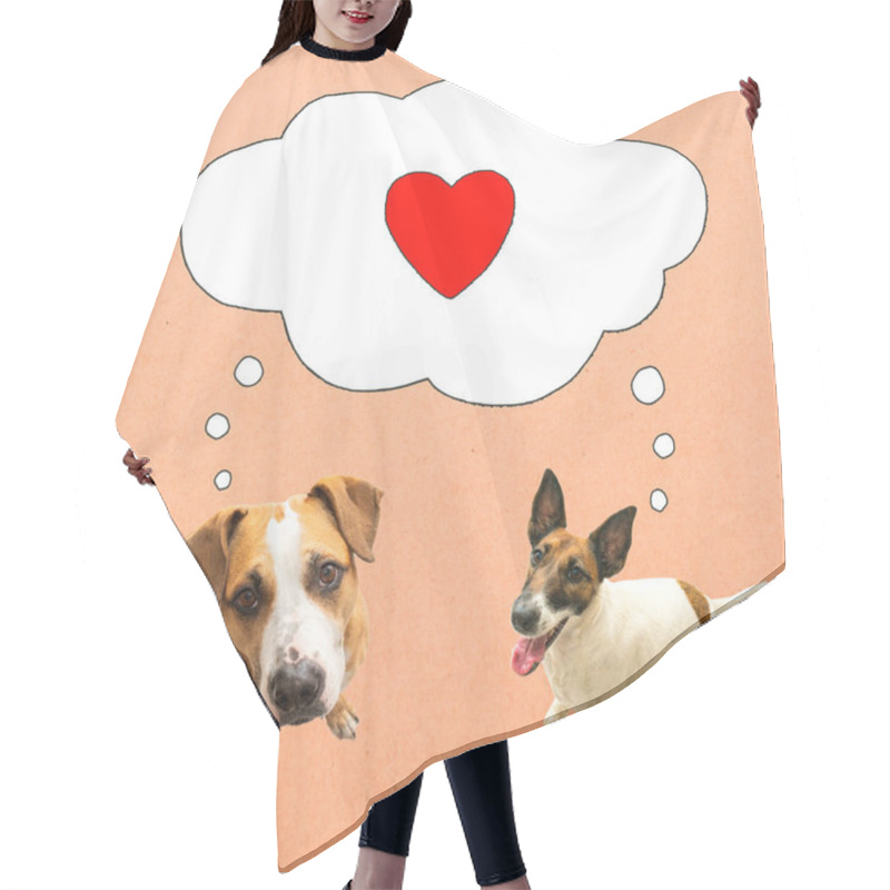 Personality  Two Funny Dogs Looking At Camera With Speech Bubble And Love Sign, Red Textured Background. Digital Collage Of Pets In Love, Valentine Day Concept, Mutual Adore And Affection Feelings Hair Cutting Cape