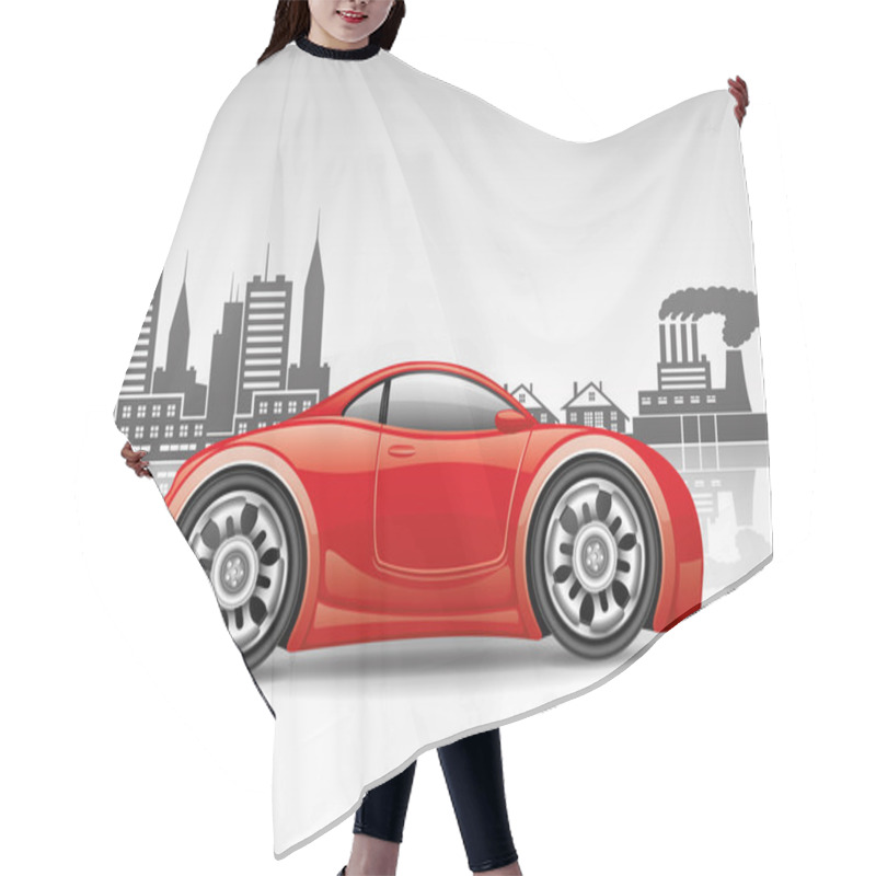 Personality  Red Car On City Background. Hair Cutting Cape