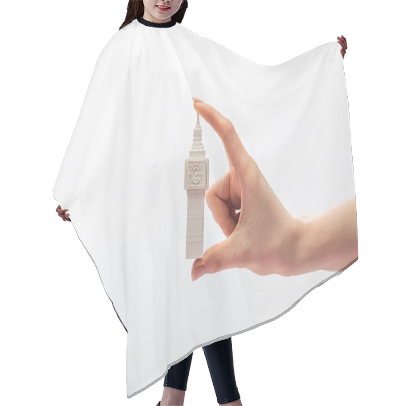 Personality  Cropped View Of Woman Holding Small Big Ben Tower Figurine Isolated On White  Hair Cutting Cape