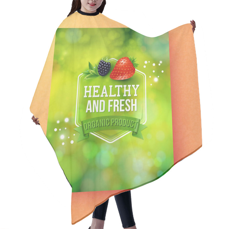 Personality  Green Themed Healthy And Fresh Organic Product Label Graphic With Single Blackberry And Strawberry Over Orange Background And Pink Square Hair Cutting Cape