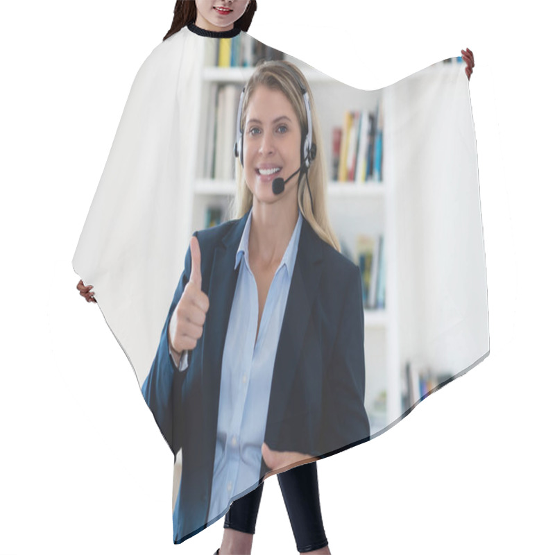 Personality  Laughing Blond Call Center Female Agent With Headphones Hair Cutting Cape