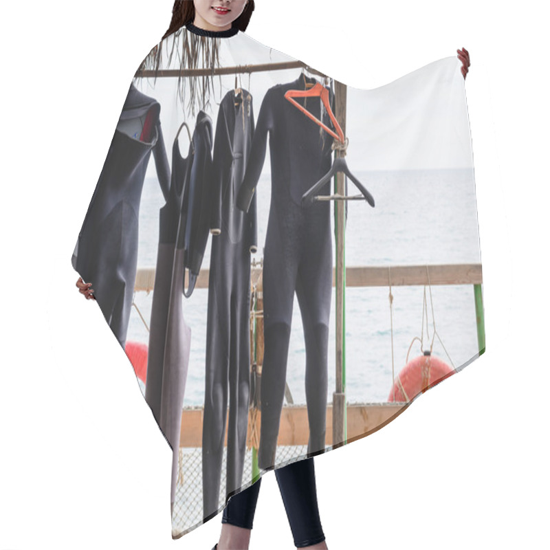 Personality  Wet Suits Hanging To Dry On Boat Deck Hair Cutting Cape