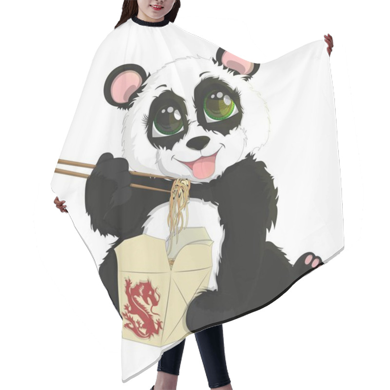 Personality  Cute Funny Baby Panda Eating Chinese Noodles. White Background Hair Cutting Cape