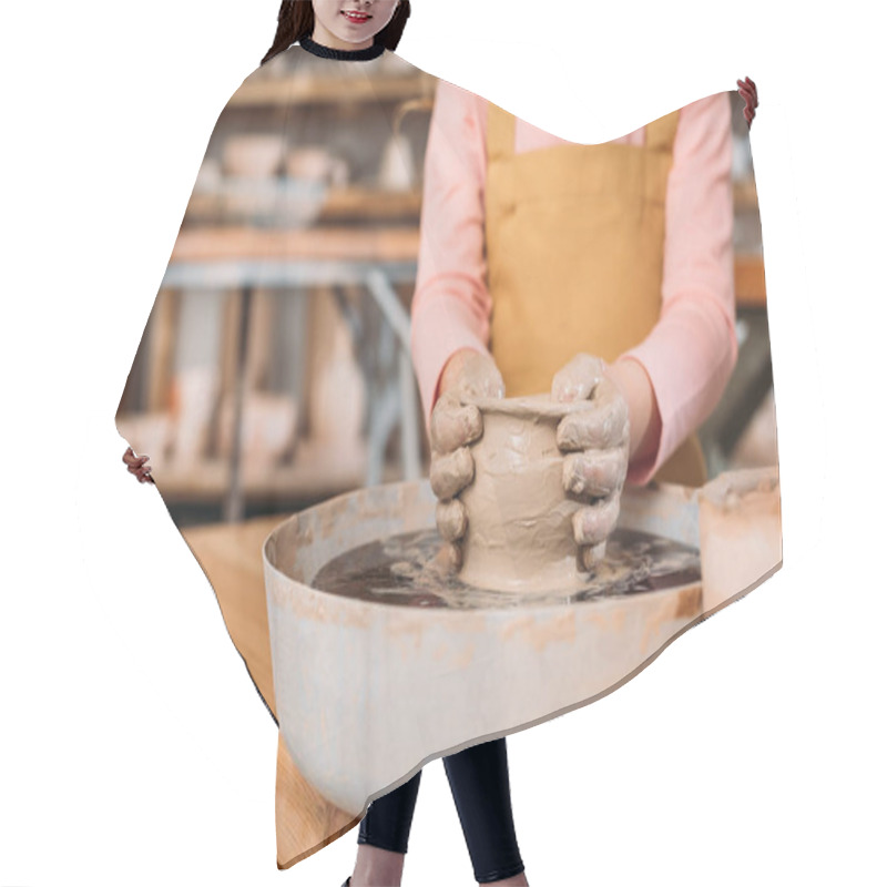 Personality  Partial View Of Child Making Ceramic Pot On Pottery Wheel In Workshop Hair Cutting Cape