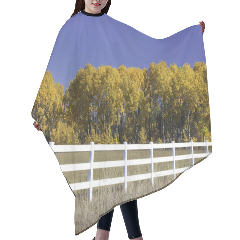 Personality  Blue Sky, Yellow Trees, White Fence. Hair Cutting Cape