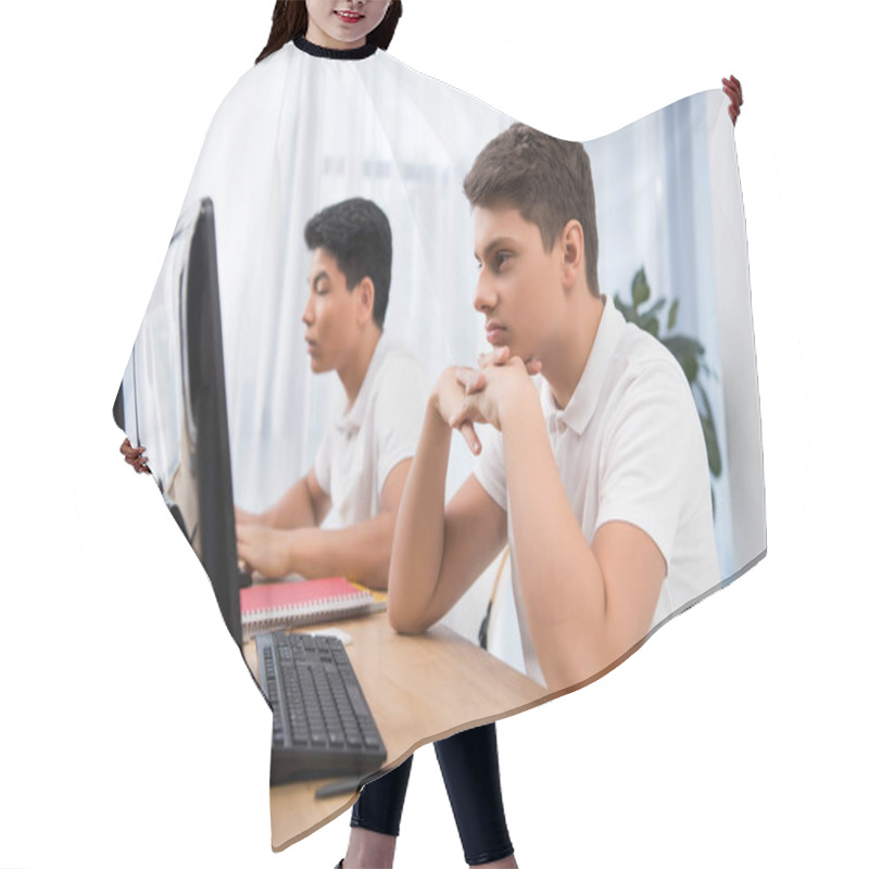 Personality  Young Teenager Boys Studying On Computers Hair Cutting Cape