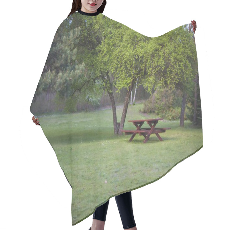 Personality  Bench With Table Under The Tree In Summer Day. Hair Cutting Cape