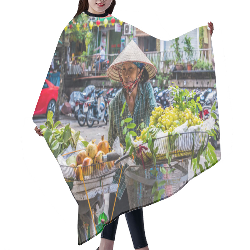 Personality  Vietnamese Woman Selling Fruit On A Bike In Hanoi, Vietnam Hair Cutting Cape