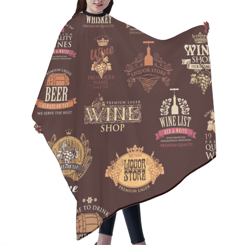 Personality  Seamless Pattern With Labels, Logos, Emblems For Various Alcoholic Beverages On A Brown Backdrop. Retro-style Vector Background, Wallpaper, Wrapping Paper Or Fabric On The Theme Of Wine, Beer, Whiskey Hair Cutting Cape