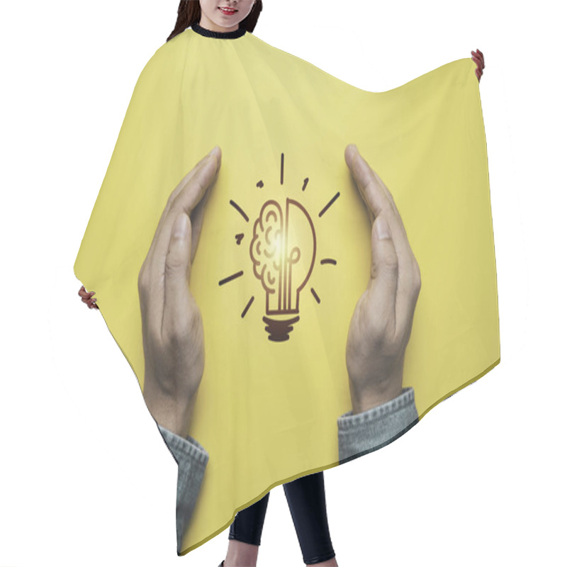 Personality  Two Hand Protect Glowing Lightbulb On Yellow Background For  Prevent Patent And Idea Of Problem Solving Solution And Creative Thinking Concept. Hair Cutting Cape