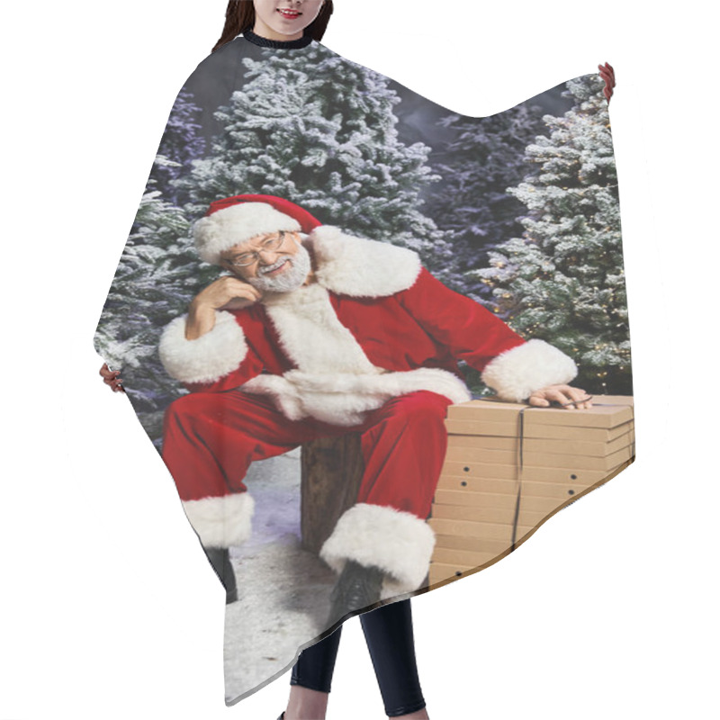 Personality  A Joyful Santa Claus Sits Beside Stacked Presents, Surrounded By A Winter Wonderland Of Snow. Hair Cutting Cape