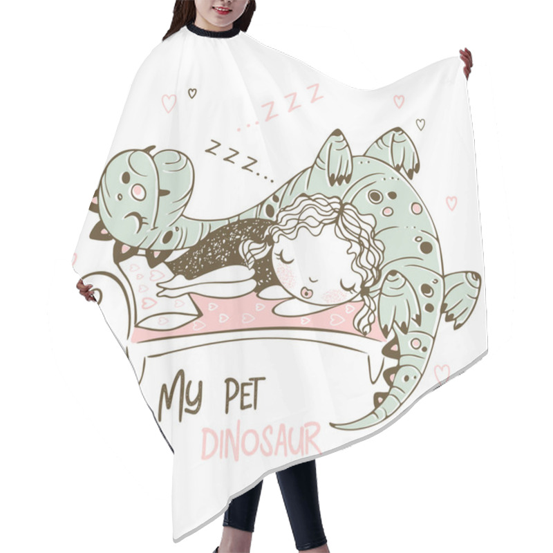 Personality  Cute Girl Sleeping With Her Pet Dinosaur. Cheerful Picture. Vector. Hair Cutting Cape