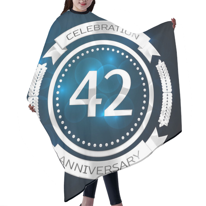 Personality  Forty Two Years Anniversary Celebration With Silver Ring And Ribbon On Blue Background. Vector Illustration Hair Cutting Cape