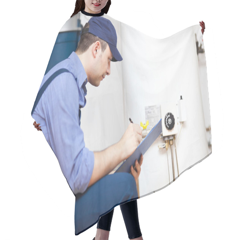 Personality  Technician Servicing An Hot-water Heater Hair Cutting Cape