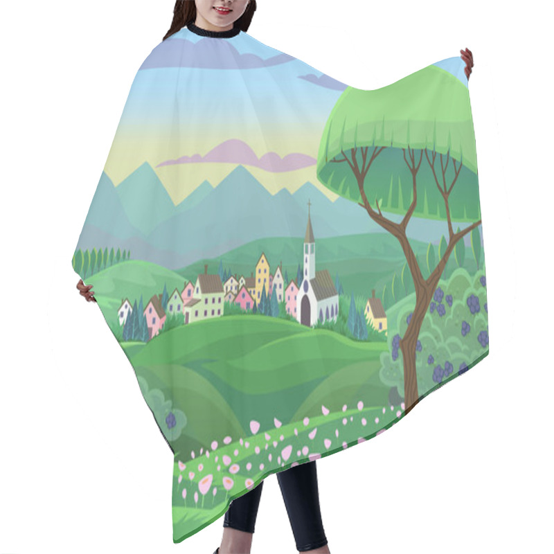 Personality  Summer Vector Scene With Village And Tree In Fields. Hair Cutting Cape