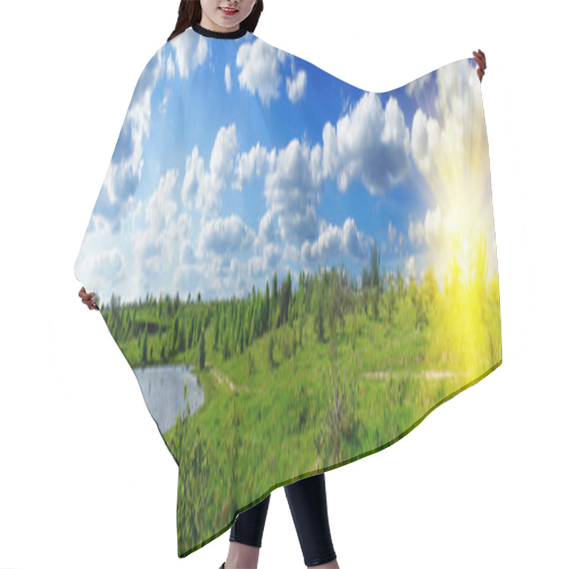 Personality  Wonderful View Of Lake And Meadow. Hair Cutting Cape