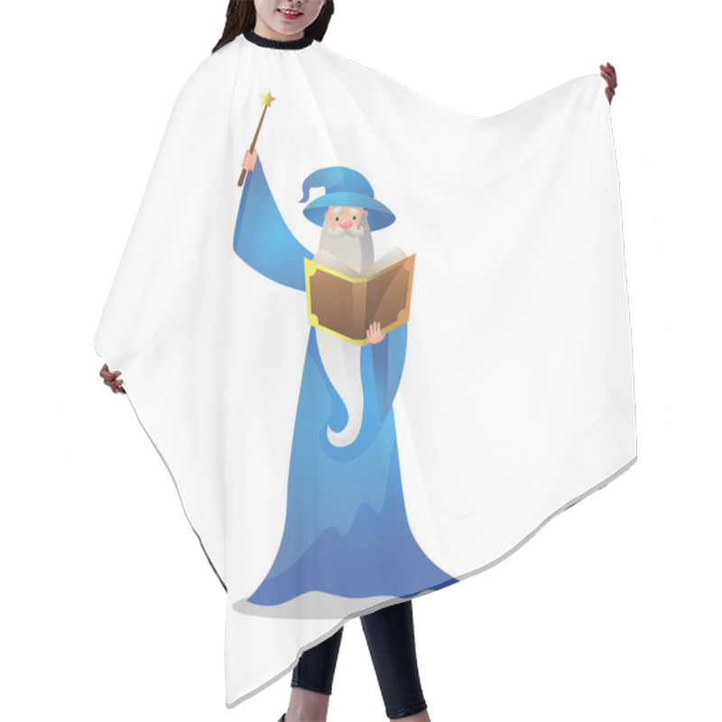 Personality  Wizard Character In Action Poses With The Magic Wand And Book. Colorful Raster Illustration In Flat Cartoon Style Hair Cutting Cape