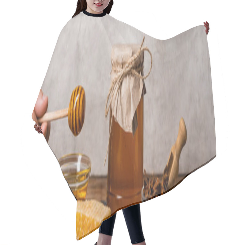 Personality  Cropped View Of Male Hand With Wooden Dipper Near Honeycomb, Jar And Bowls With Honey And Anise Seeds On Grey Background, Banner Hair Cutting Cape