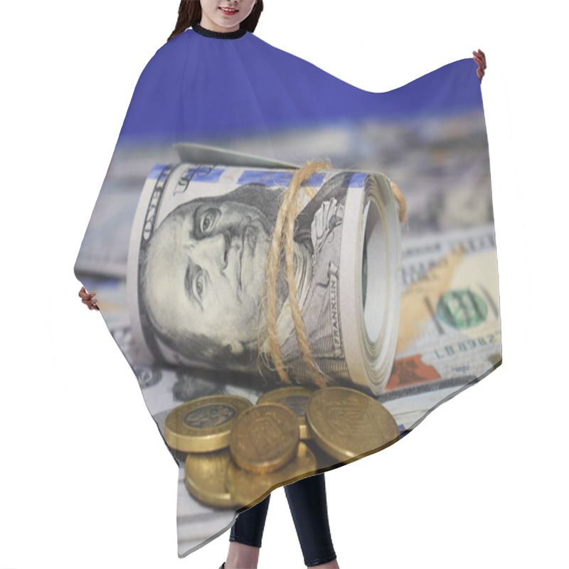 Personality  A Roll Of Dollars On The Background Of Scattered Hundred Dollar Bills And Various Coins Hair Cutting Cape