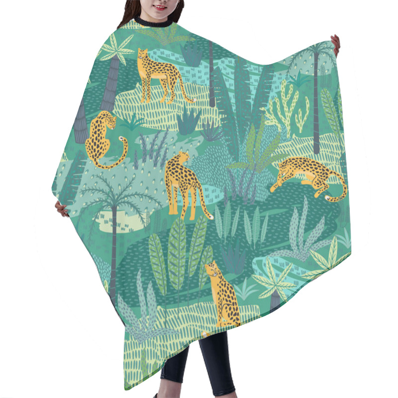 Personality  Vestor Seamless Pattern With Leopards And Tropical Leaves. Hair Cutting Cape