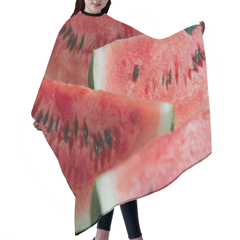 Personality  Close Up View Of Watermelon Slices On Green Wooden Surface Hair Cutting Cape