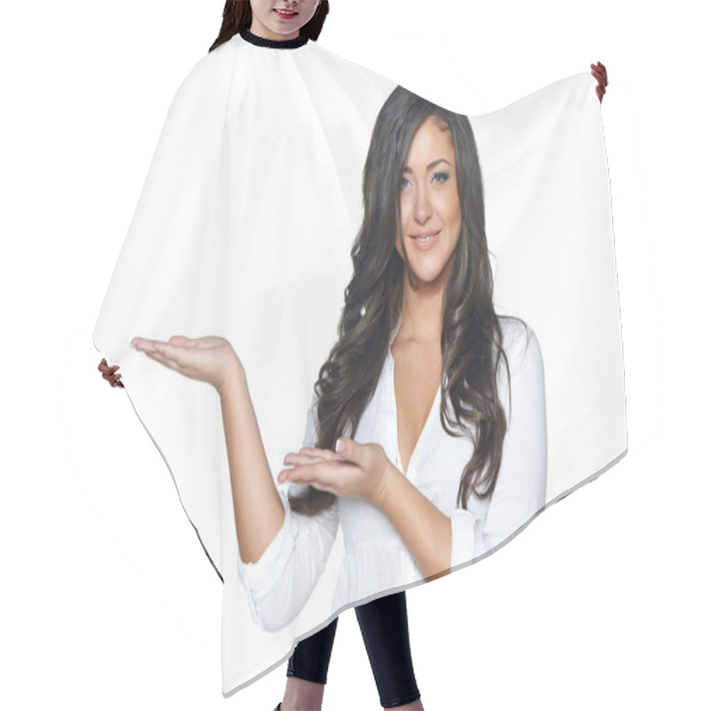 Personality  Woman Holding Blank Copy Space On Her Open Palm Hair Cutting Cape