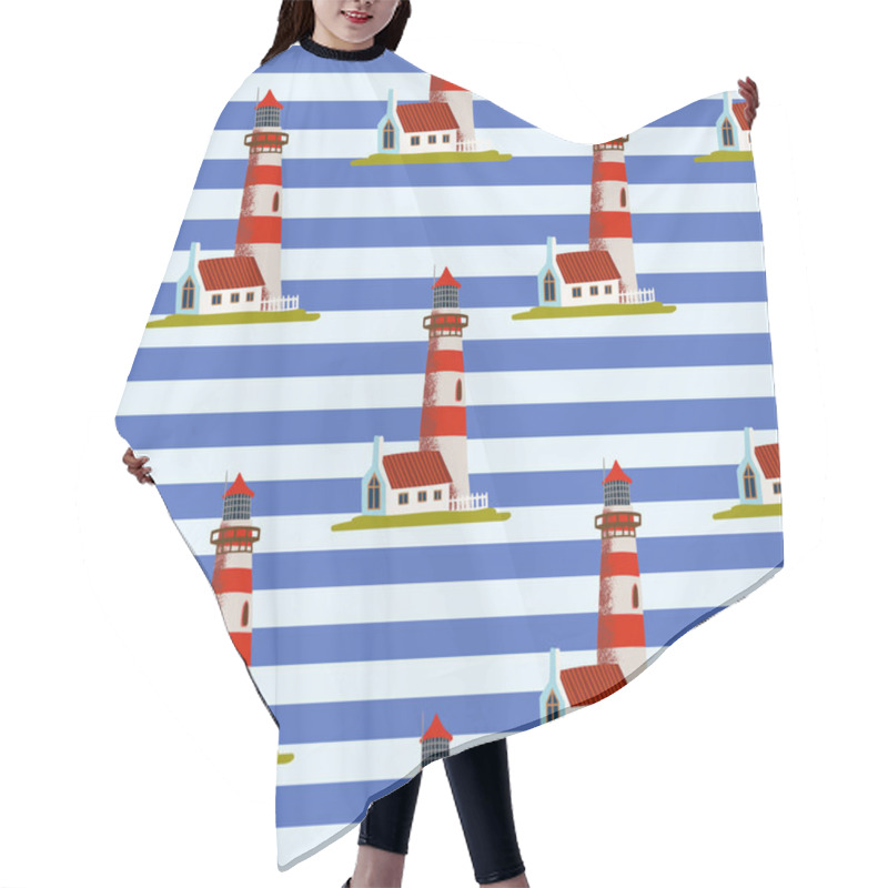 Personality  Sea Lighthouse On A Blue Background With Black Horizontal Stripes. Lighthouse Light Building With Red Details. Simple Pattern For Flat Design, Or Textile. Hair Cutting Cape