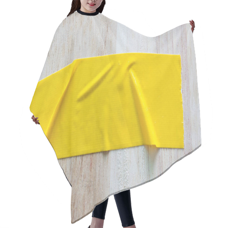 Personality  Yellow Tapes On Wooden Background, Adhesive Pieces. Hair Cutting Cape