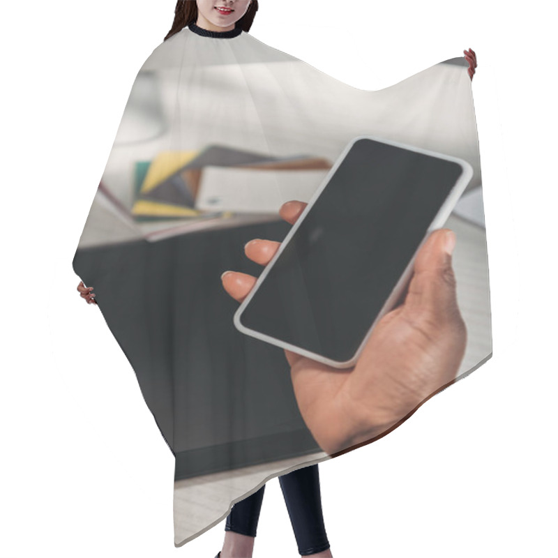 Personality  Cropped View Of African American Female Businesswoman Holding Coffee To Go And Smartphone With Blank Screen Hair Cutting Cape