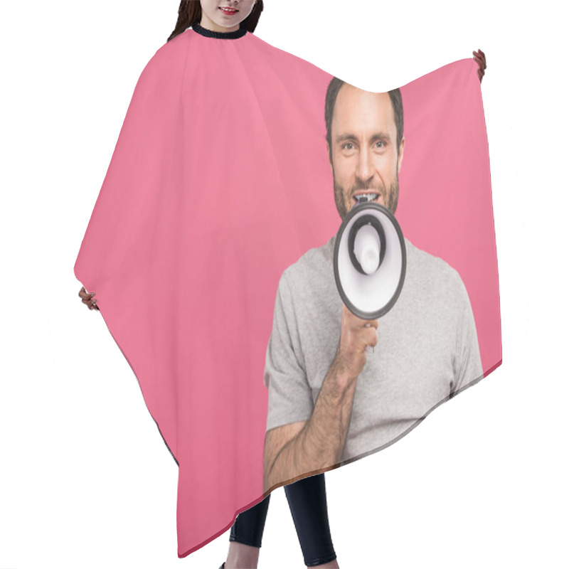 Personality  Happy Handsome Man Speaking With Megaphone, Isolated On Pink Hair Cutting Cape