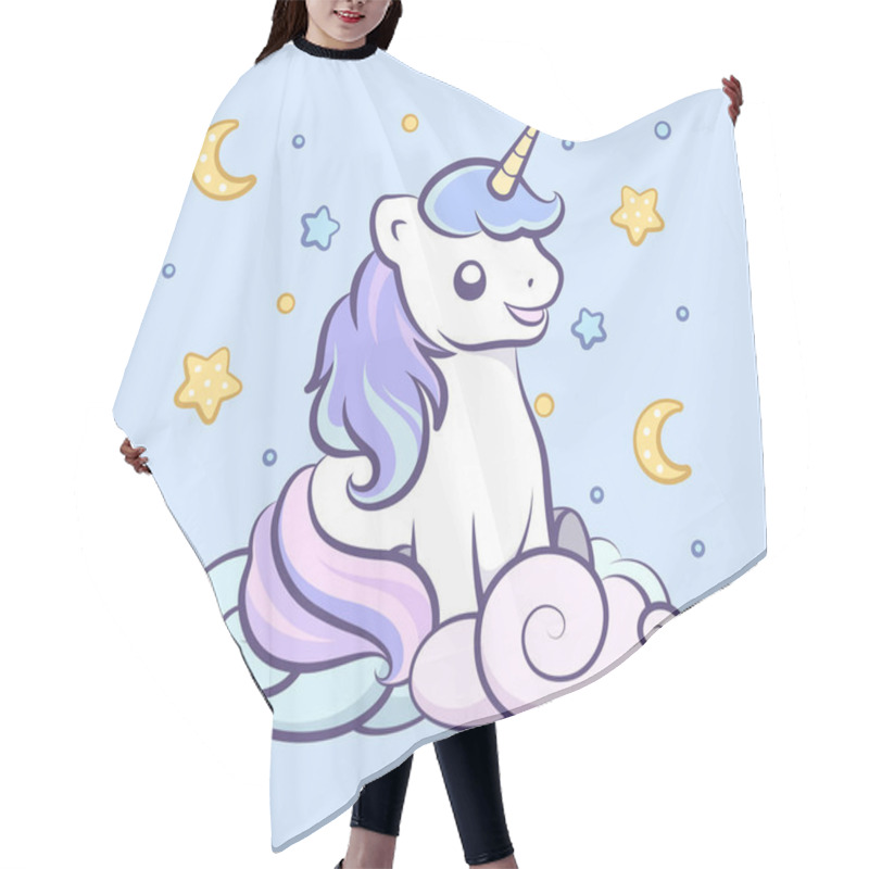 Personality  Cute Happy Unicorn Sitting In The Clouds Looking Up At The Night Sky Illustration Wall Art Card Print For Kids. Hair Cutting Cape