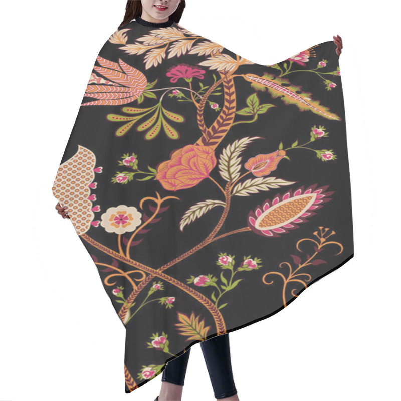 Personality  Ikat Floral Paisley Embroidery On Black Background.geometric Ethnic Oriental Pattern Traditional.Aztec-style Abstract Illustration. Design For Texture, Fabric, Clothing, Wrapping, Decoration, And Carpet. Hair Cutting Cape